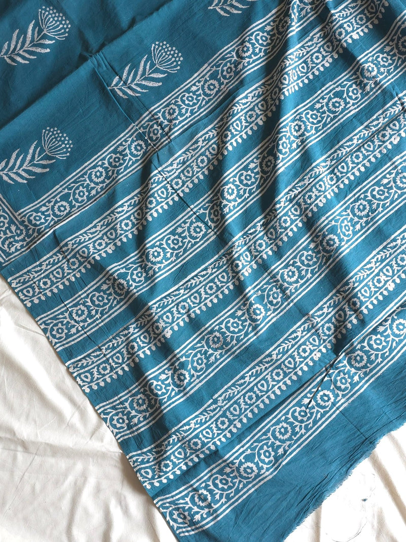 Teal Tara : Bagru Handblocked Pure Cotton Saree