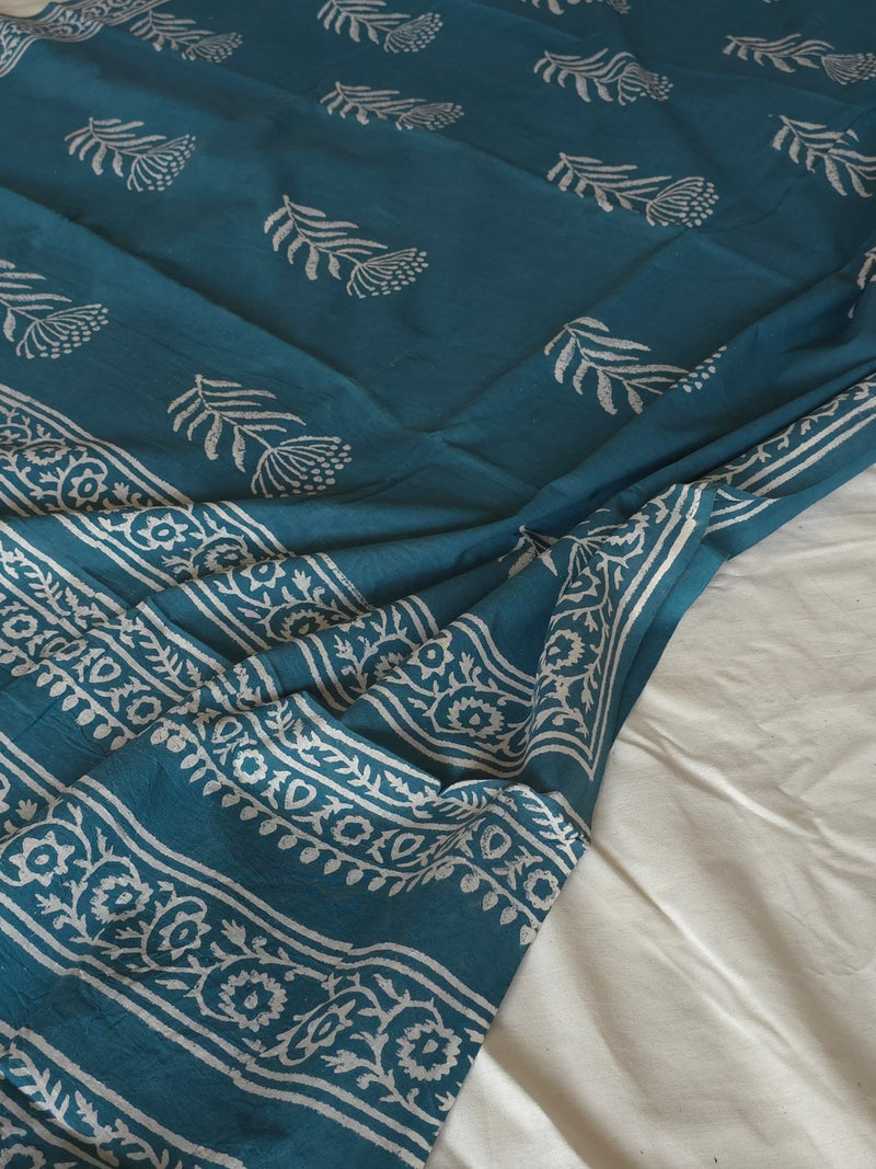 Teal Tara : Bagru Handblocked Pure Cotton Saree