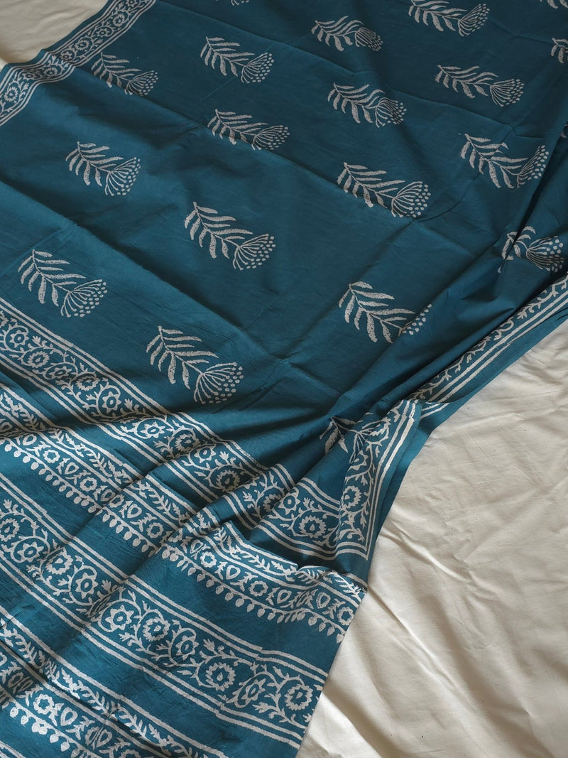 Teal Tara : Bagru Handblocked Pure Cotton Saree