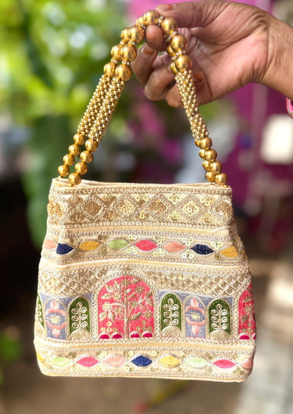 The Jharokha Silk Potli - Beige - Oagh India