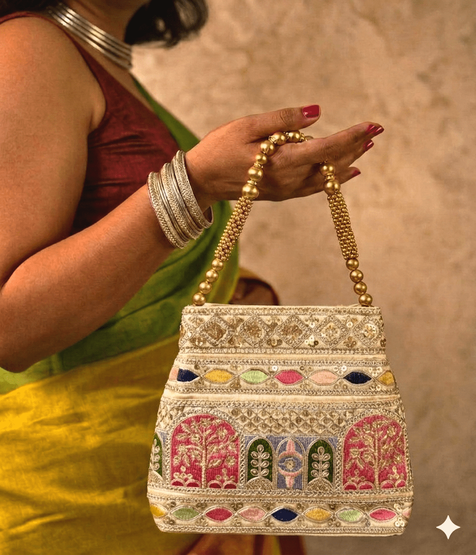 The Jharokha Silk Potli - Beige - Oagh India