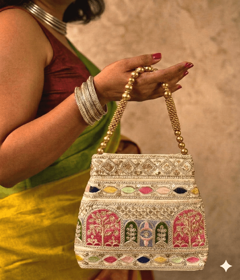 The Jharokha Silk Potli - Beige - Oagh India