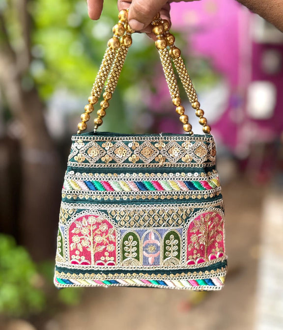 The Jharokha Silk Potli - Green - Oagh India