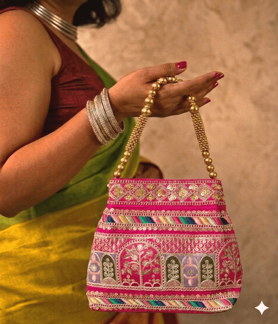 The Jharokha Silk Potli - Rani Pink - Oagh India