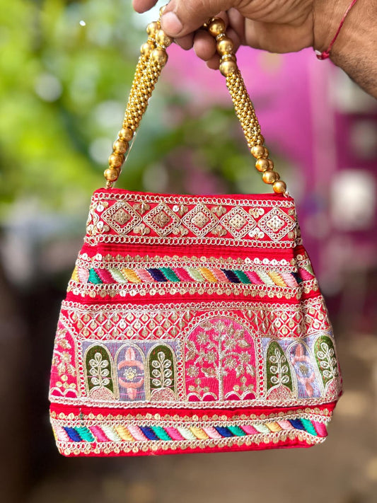 The Jharokha Silk Potli - Red - Oagh India