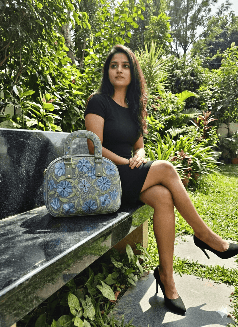The Malé Travel Bag - Slate Grey | Embroidered Velvet Floral Travel Bag - Oagh India