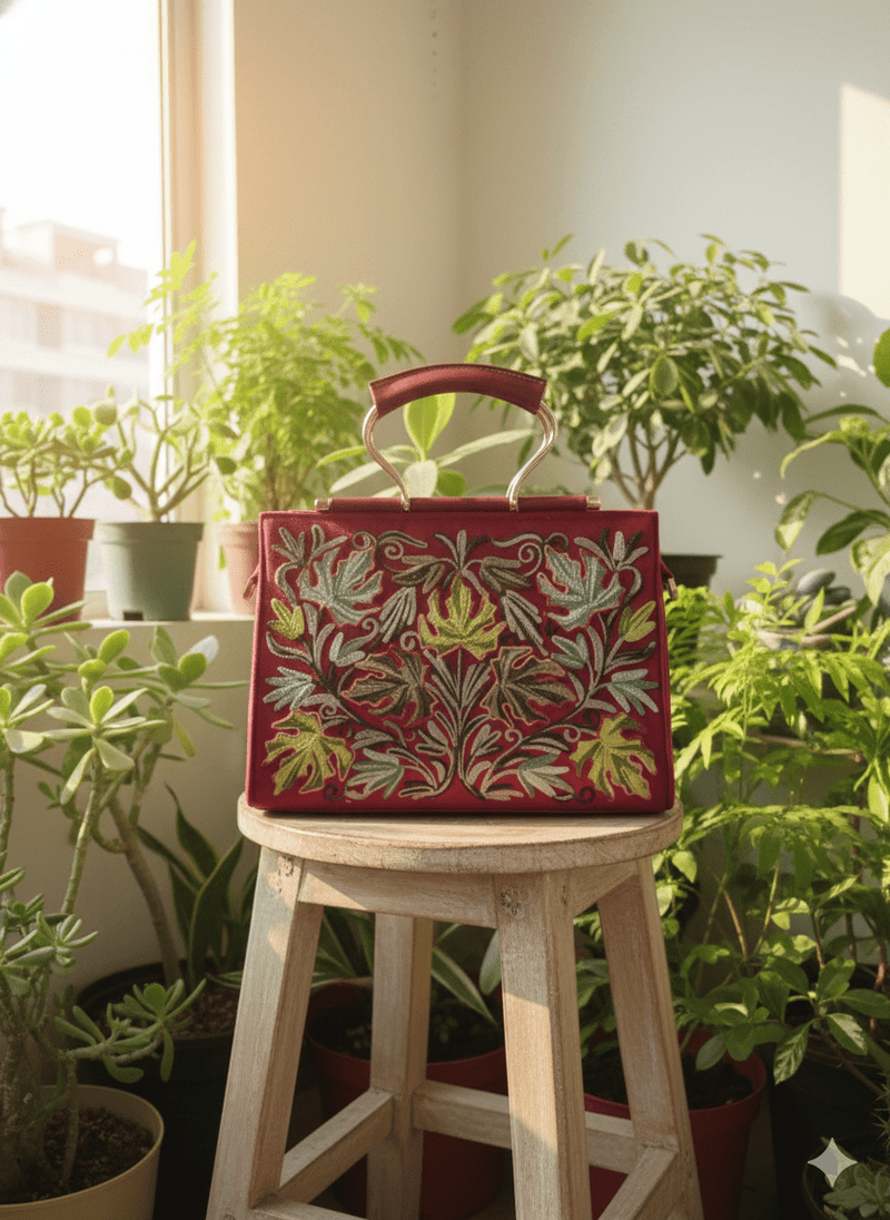 The Phuket Tote - Maroon | Embroidered Velvet Floral Tote Bag - Oagh India