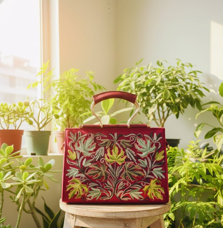 The Phuket Tote - Maroon | Embroidered Velvet Floral Tote Bag - Oagh India