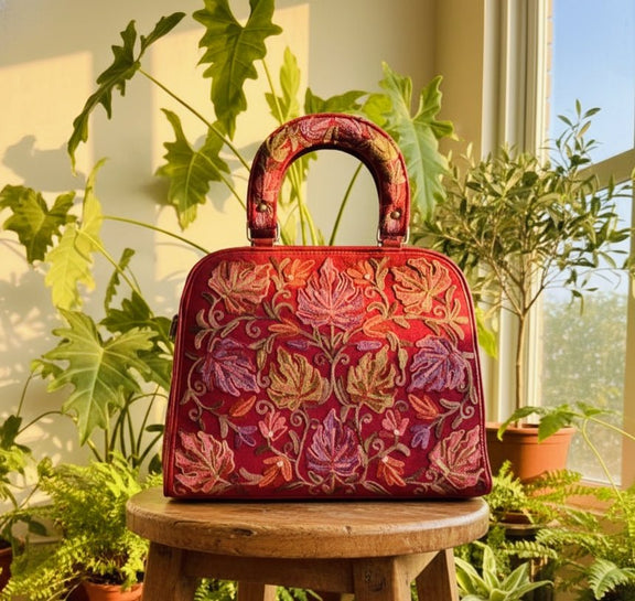 The Phukok Tote - Maroon | Embroidered Velvet Floral Tote - Oagh India