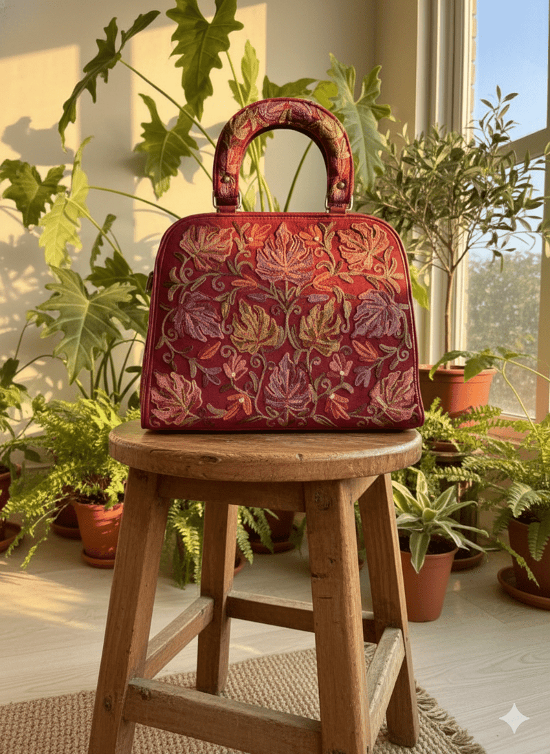 The Phukok Tote - Maroon | Embroidered Velvet Floral Tote - Oagh India