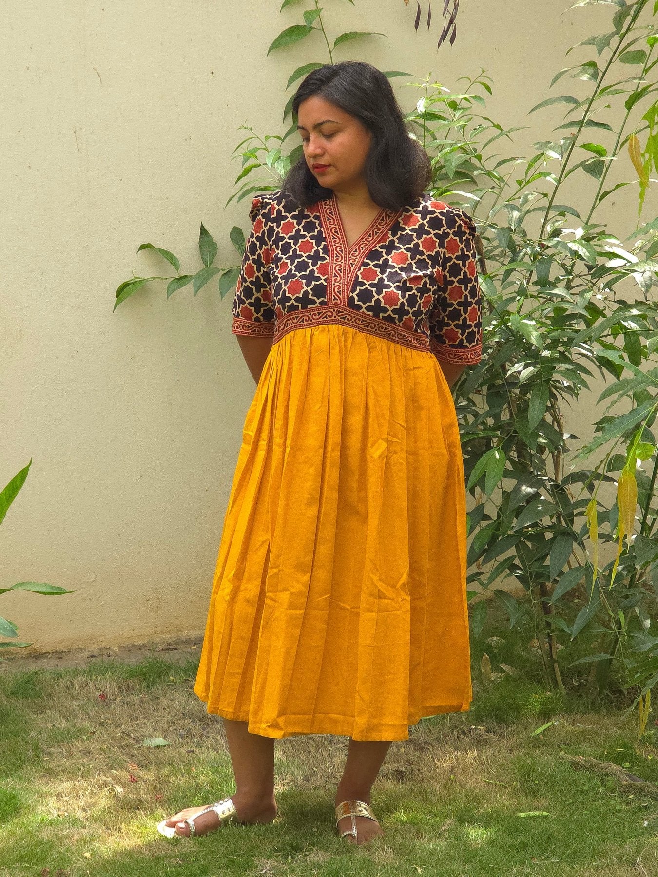 Yellow & Black - red V - Neck Alia Cut Dress with Handblock Floral Yoke - Oagh India