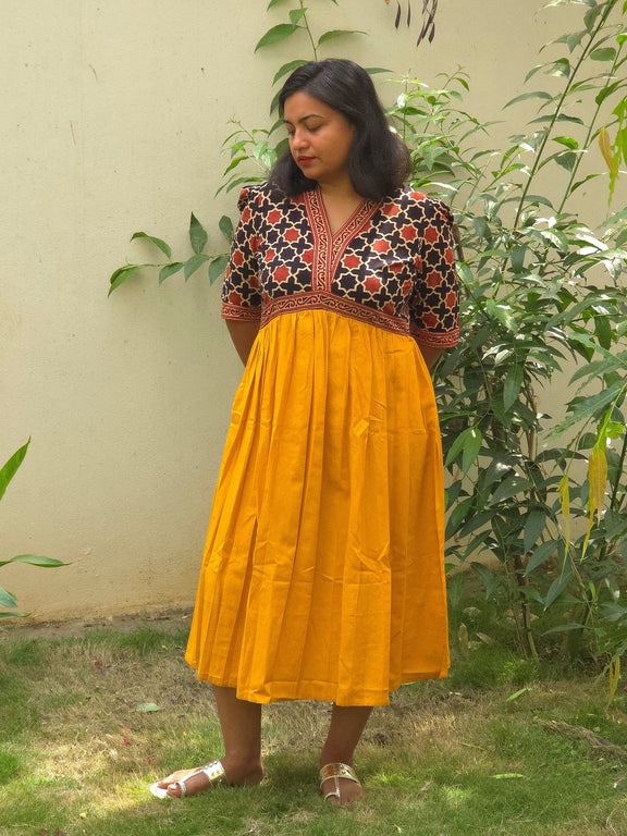 Yellow & Black - red V - Neck Alia Cut Dress with Handblock Floral Yoke - Oagh India