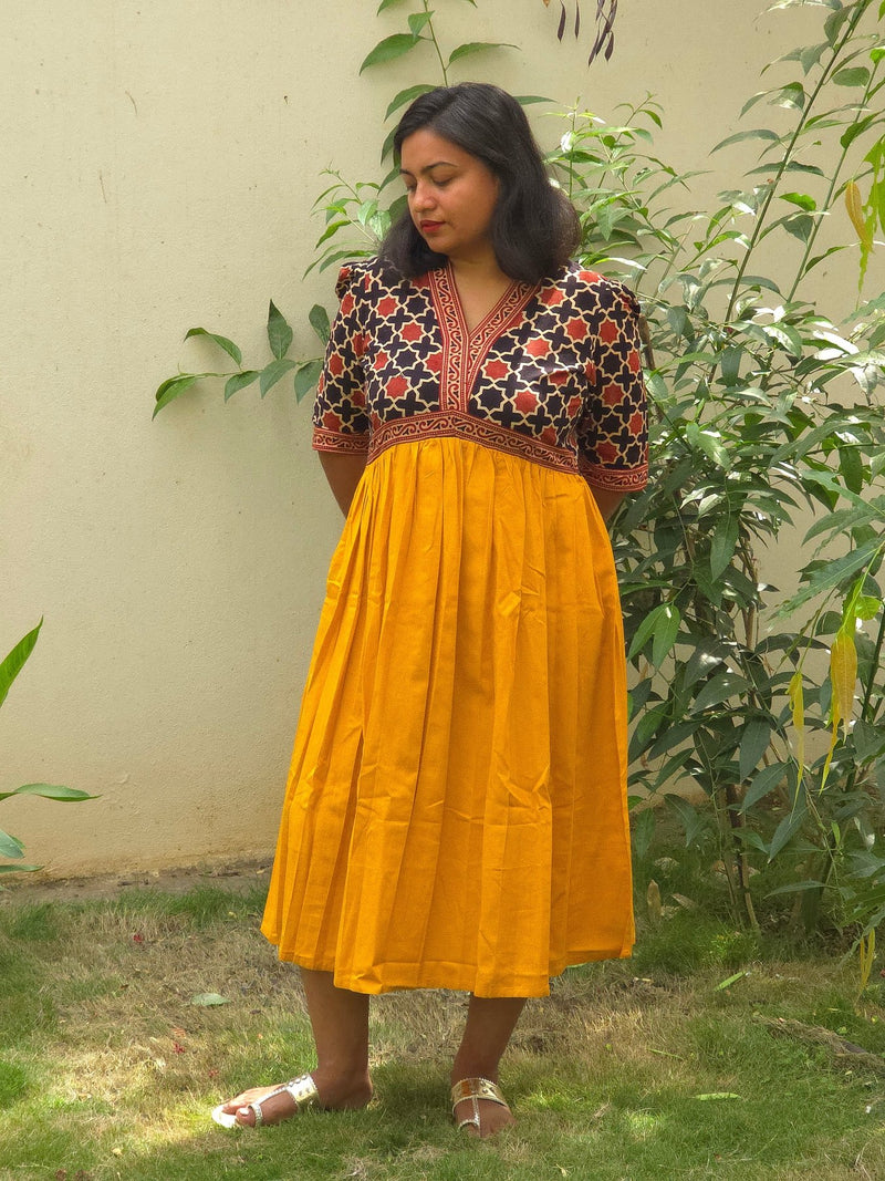 Yellow & Black - red V - Neck Alia Cut Dress with Handblock Floral Yoke - Oagh India