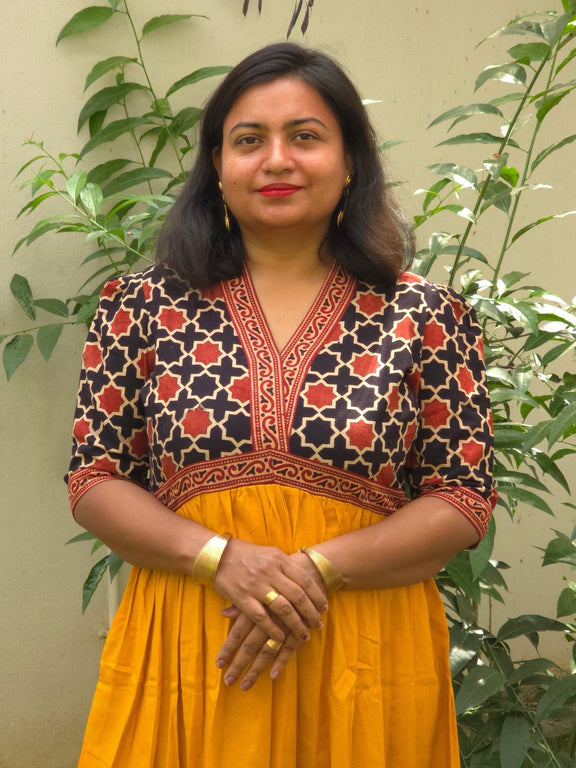 Yellow & Black - red V - Neck Alia Cut Dress with Handblock Floral Yoke - Oagh India