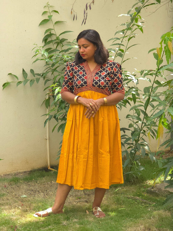 Yellow & Black-red V-Neck Alia Cut Dress with Handblock Floral Yoke